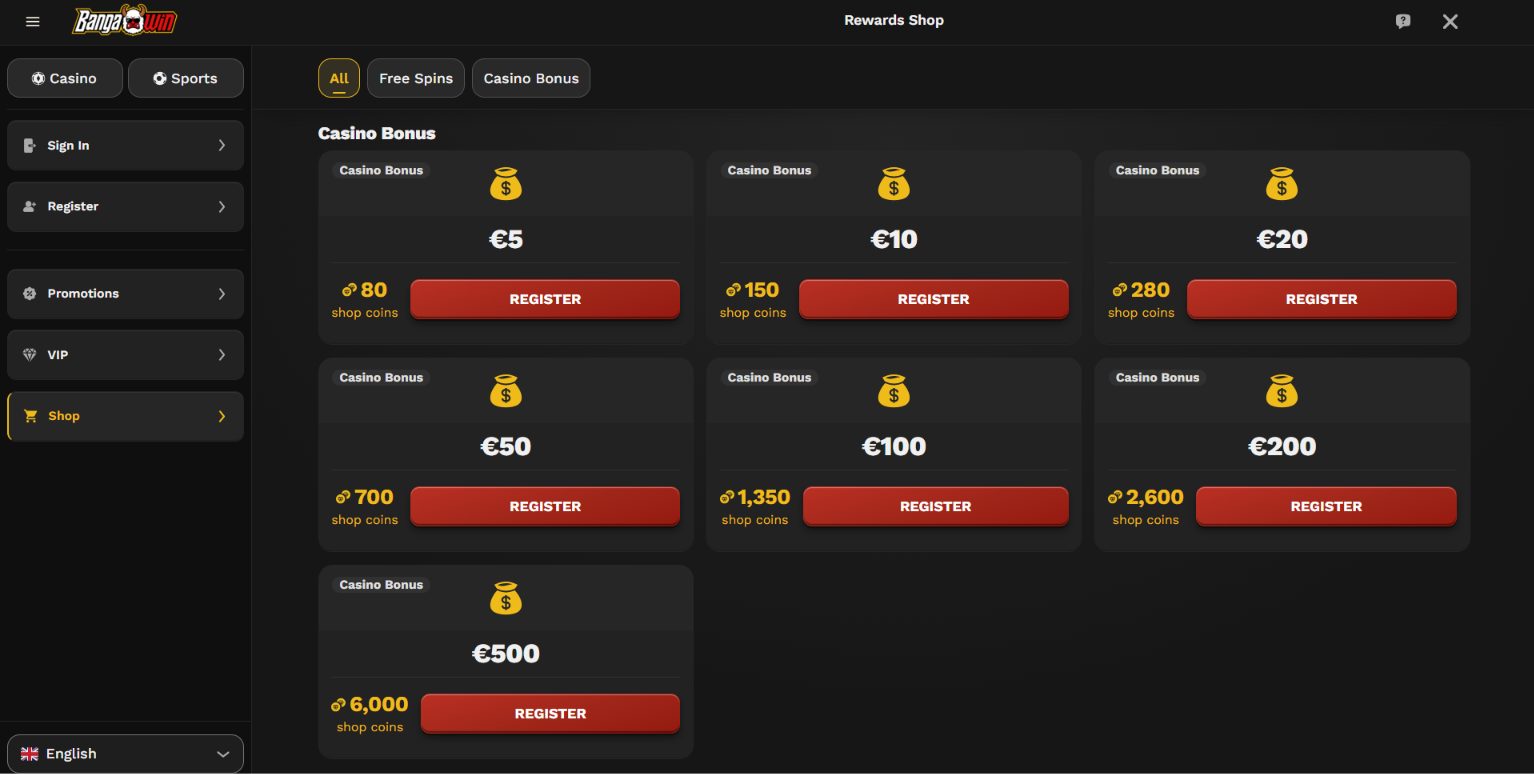 BangaWin Rewards Shop offering casino bonuses from €5 to €500 in exchange for shop coins.