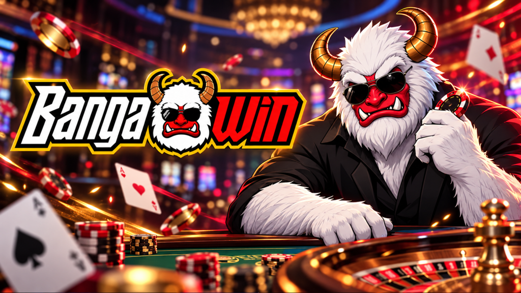 BangaWin Casino review cover featuring the BangaWin logo, a horned white mascot in sunglasses, roulette, playing cards and casino chips.