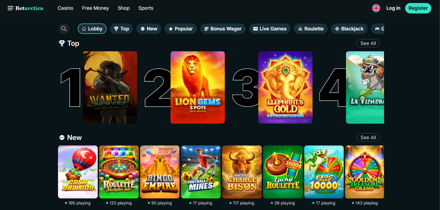 Betarctica casino lobby showing Top and New games, including Wanted Dead or a Wild and Lion Gems.