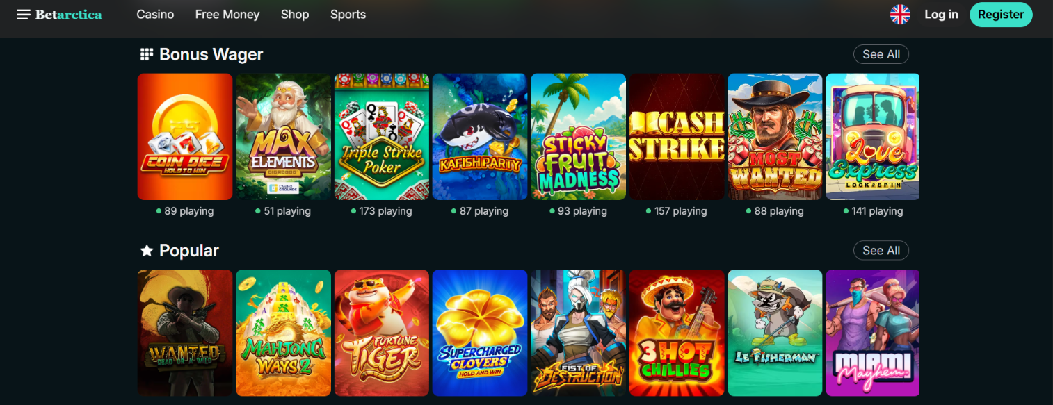 Betarctica Bonus Wager and Popular game categories, including Mahjong Ways 2 and Fortune Tiger.