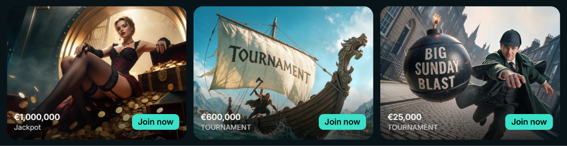 Betarctica promotion banners advertising a €1,000,000 jackpot, €600,000 tournament and €25,000 Big Sunday Blast.