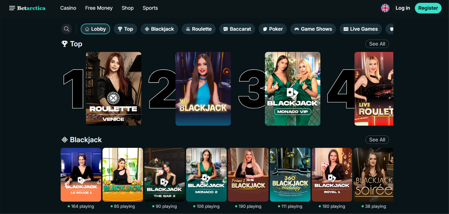 Betarctica live casino lobby featuring roulette and blackjack tables with live dealers.
