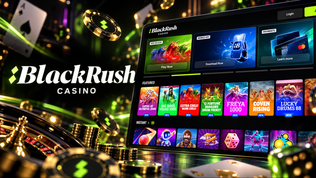 BlackRush Casino Review cover with the casino logo, slot games, playing cards, chips and a roulette wheel.