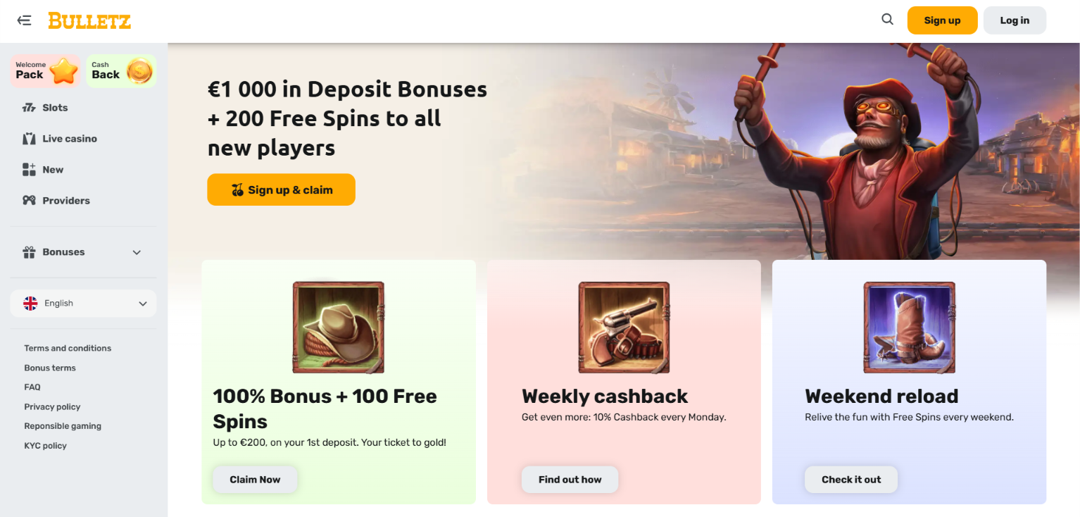 Bulletz Casino advertising €1,000 in deposit bonuses, 200 Free Spins and weekly Cashback.