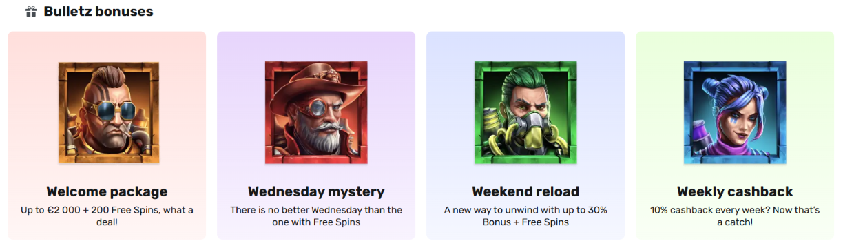 Promotions advertising a €2,000 welcome package, Wednesday Free Spins, weekend reload and 10% weekly Cashback.