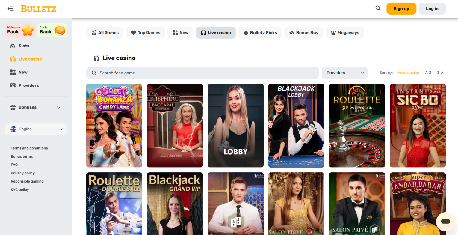 Casino games including live blackjack, Lightning Baccarat, Sweet Bonanza CandyLand and Instant Super Sic Bo.