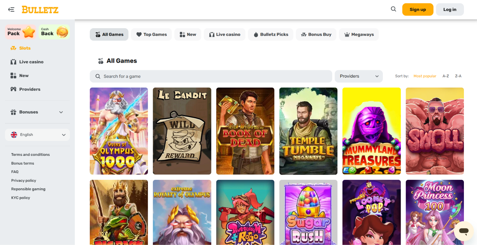 Slot selection including Temple Tumble Megaways, Mummyland Treasures and Moon Princess 100.