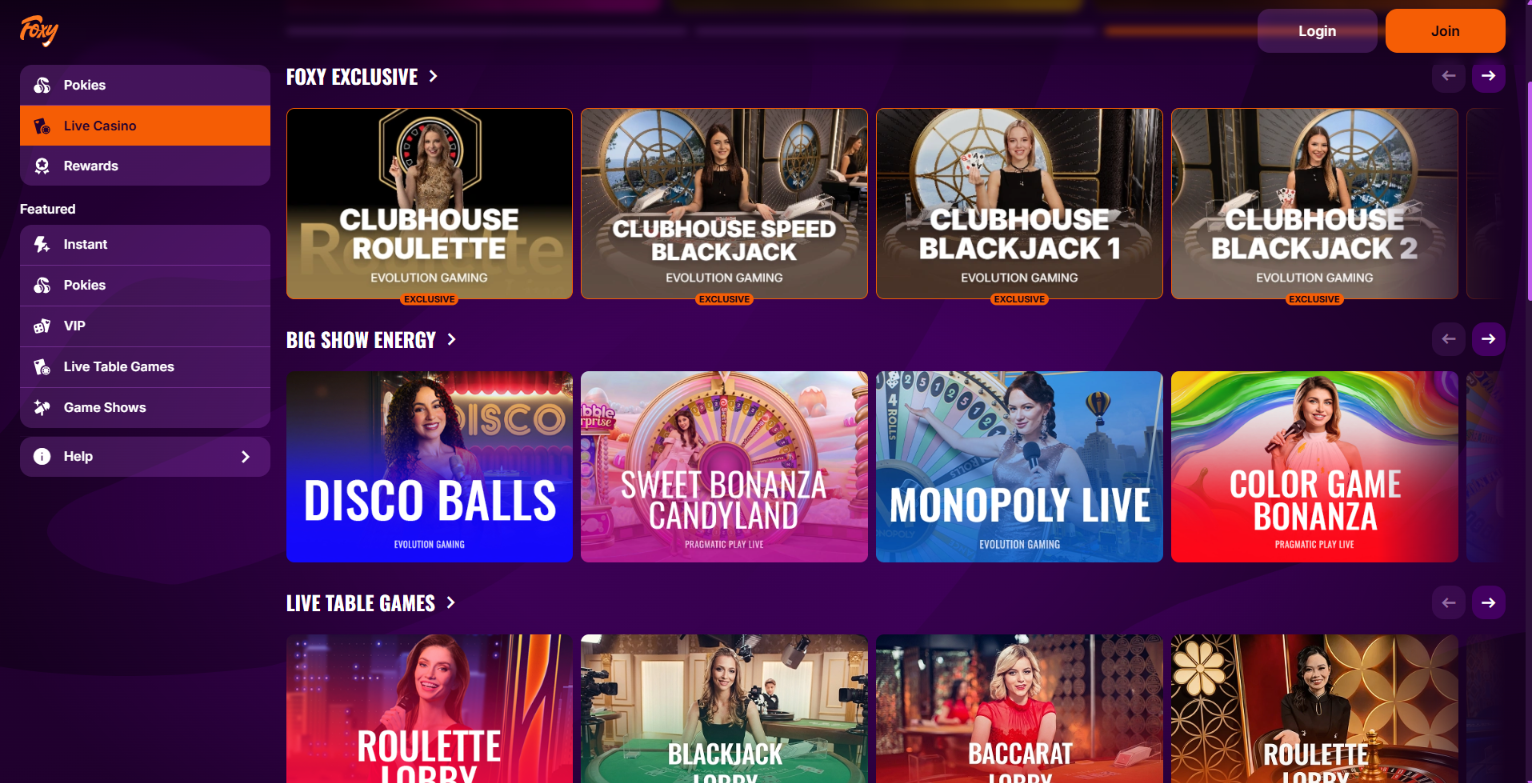 Live roulette, blackjack and game shows from Evolution and Pragmatic Play.