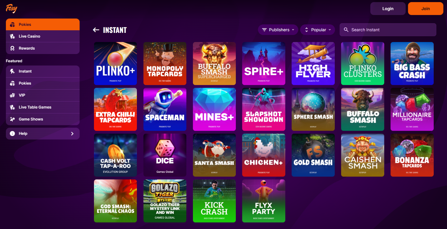 Instant games including Plinko+, Spaceman, Mines+ and Big Bass Crash.