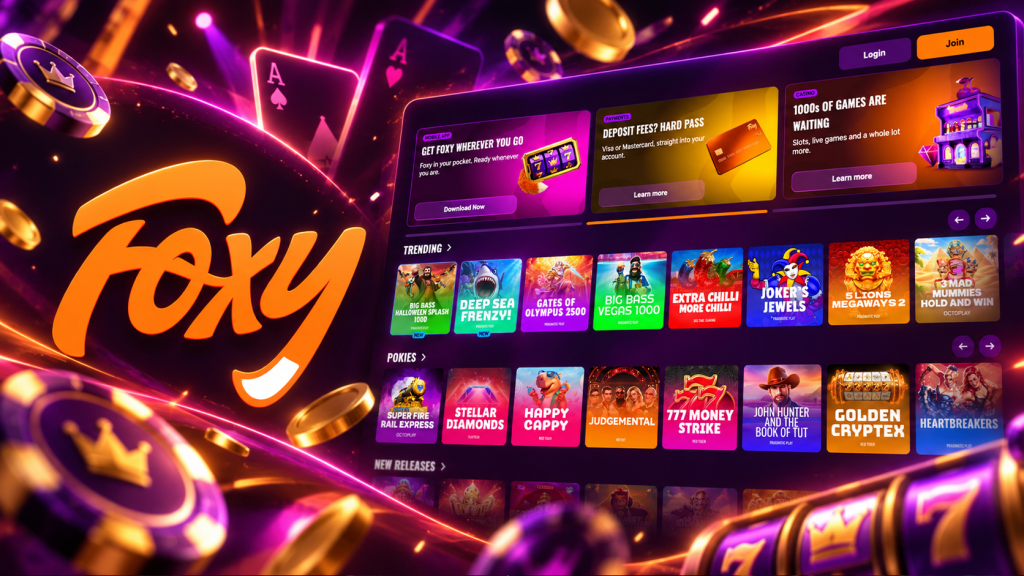 FoxySpins Casino Review cover featuring the Foxy logo, slot games, playing cards and casino chips.