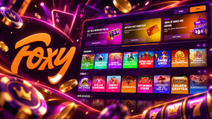 FoxySpins Casino Review cover featuring the Foxy logo, slot games, playing cards and casino chips.