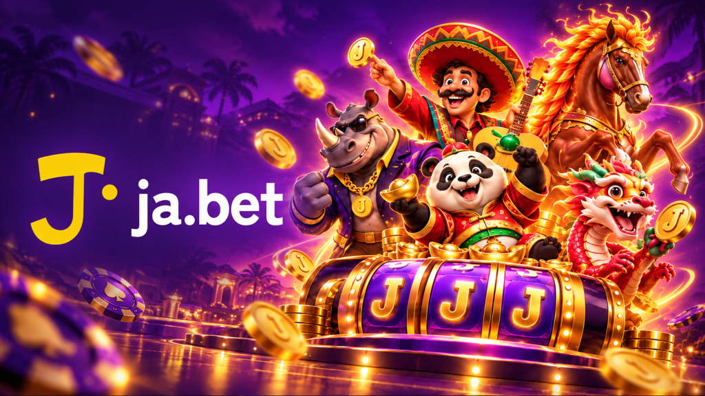 Ja.bet Casino review cover featuring the Ja.bet logo, slot reels, gold coins and colourful casino characters