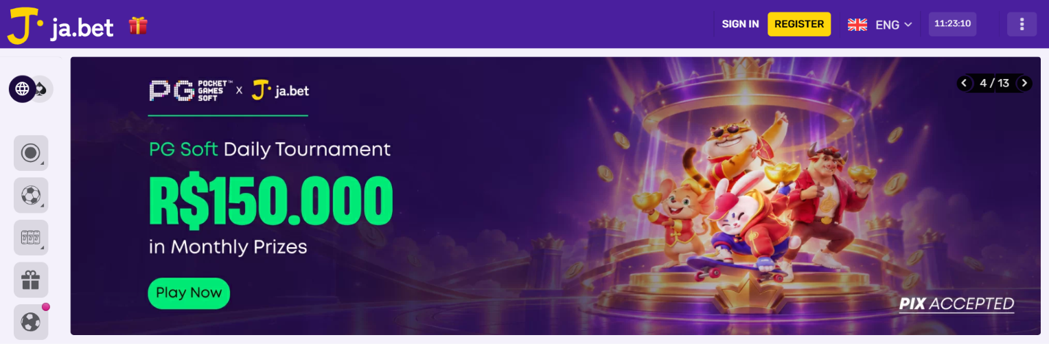 Ja.bet PG Soft daily tournament banner advertising R$150,000 in monthly prizes