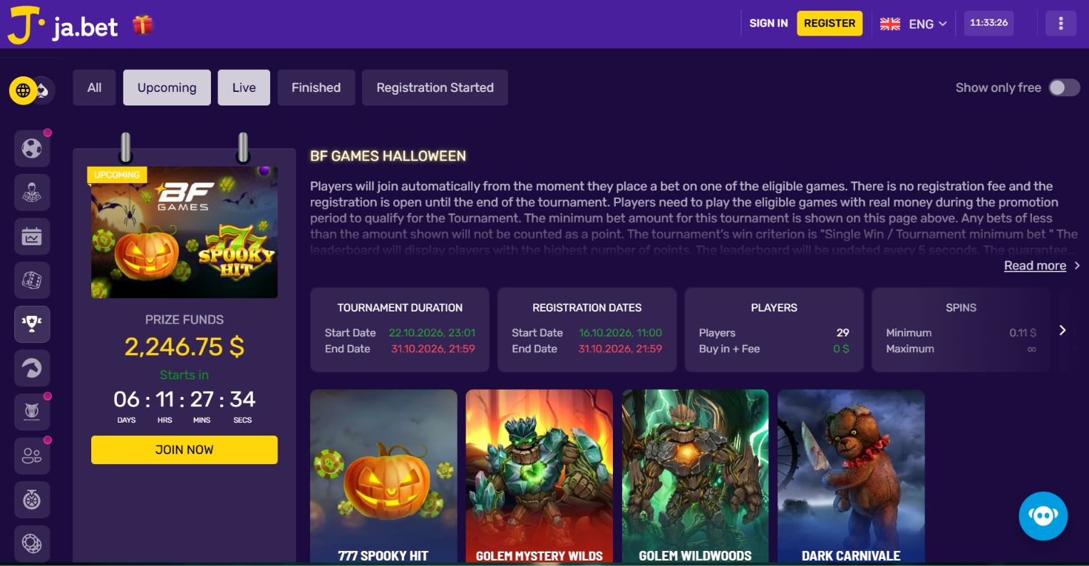 Ja.bet BF Games Halloween tournament showing a $2,246.75 prize pool, event dates and eligible slots.