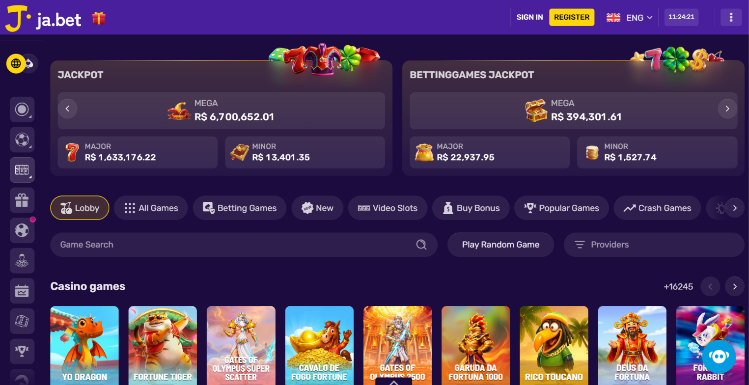 Ja.bet Casino review showing the slot selection and casino jackpot totals