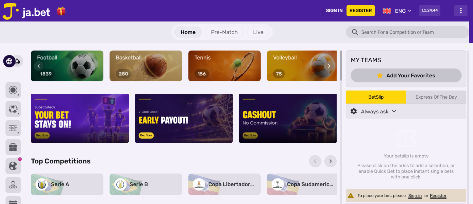 Ja.bet sportsbook with football, basketball and tennis markets, early payout and Cash Out promotions