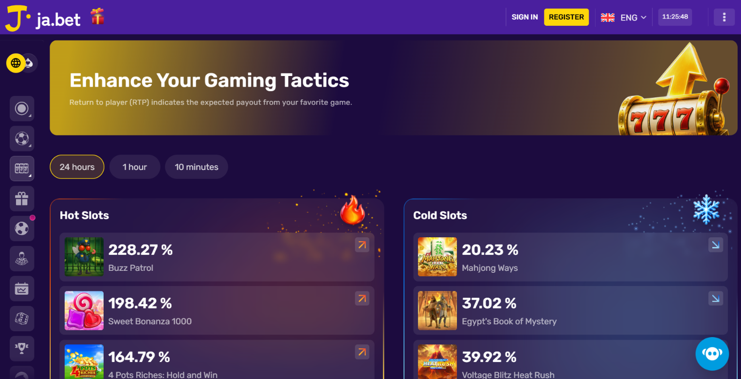 Ja.bet Live RTP page comparing recent returns for hot and cold slots over 24 hours