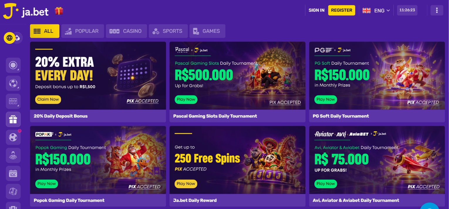 Ja.bet promotions page featuring a 20% daily deposit bonus, slot tournaments and free-spin rewards