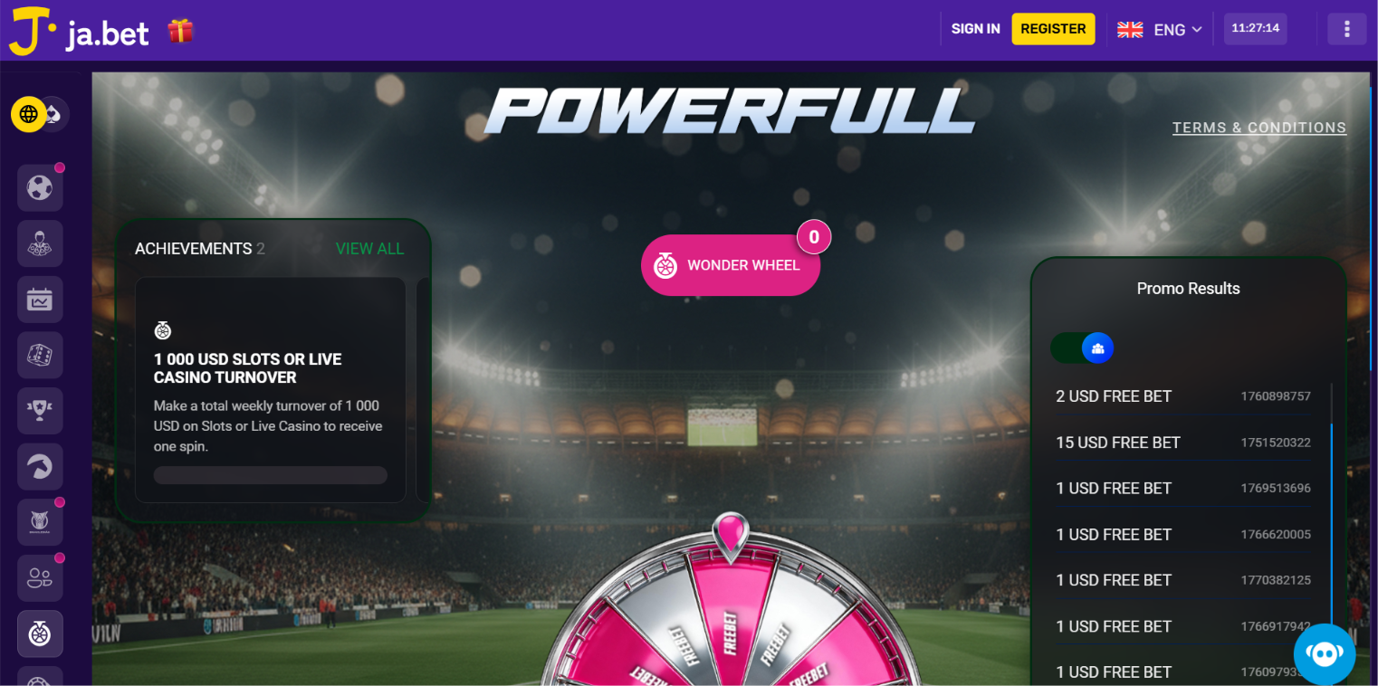 Ja.bet Powerfull wheel showing a US$1,000 weekly casino turnover achievement and free-bet results