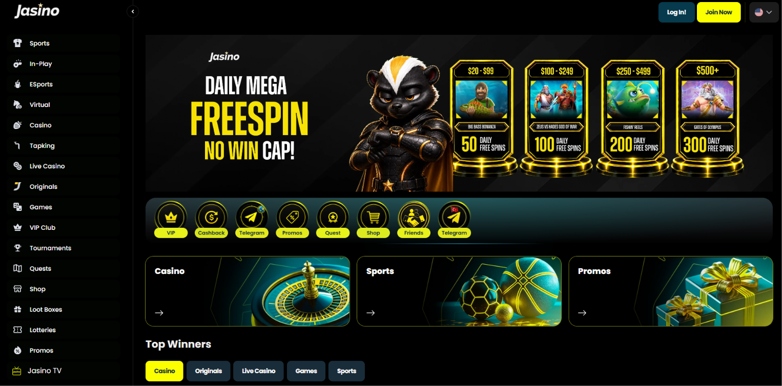 Jasino homepage with a daily free spins promotion and casino, sports and bonus sections