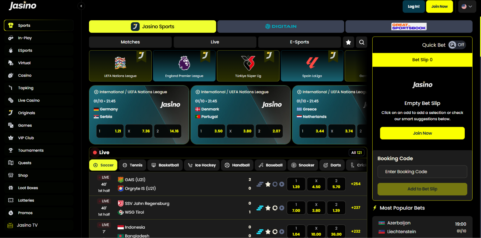 Jasino sportsbook with football odds, live betting markets and a bet slip