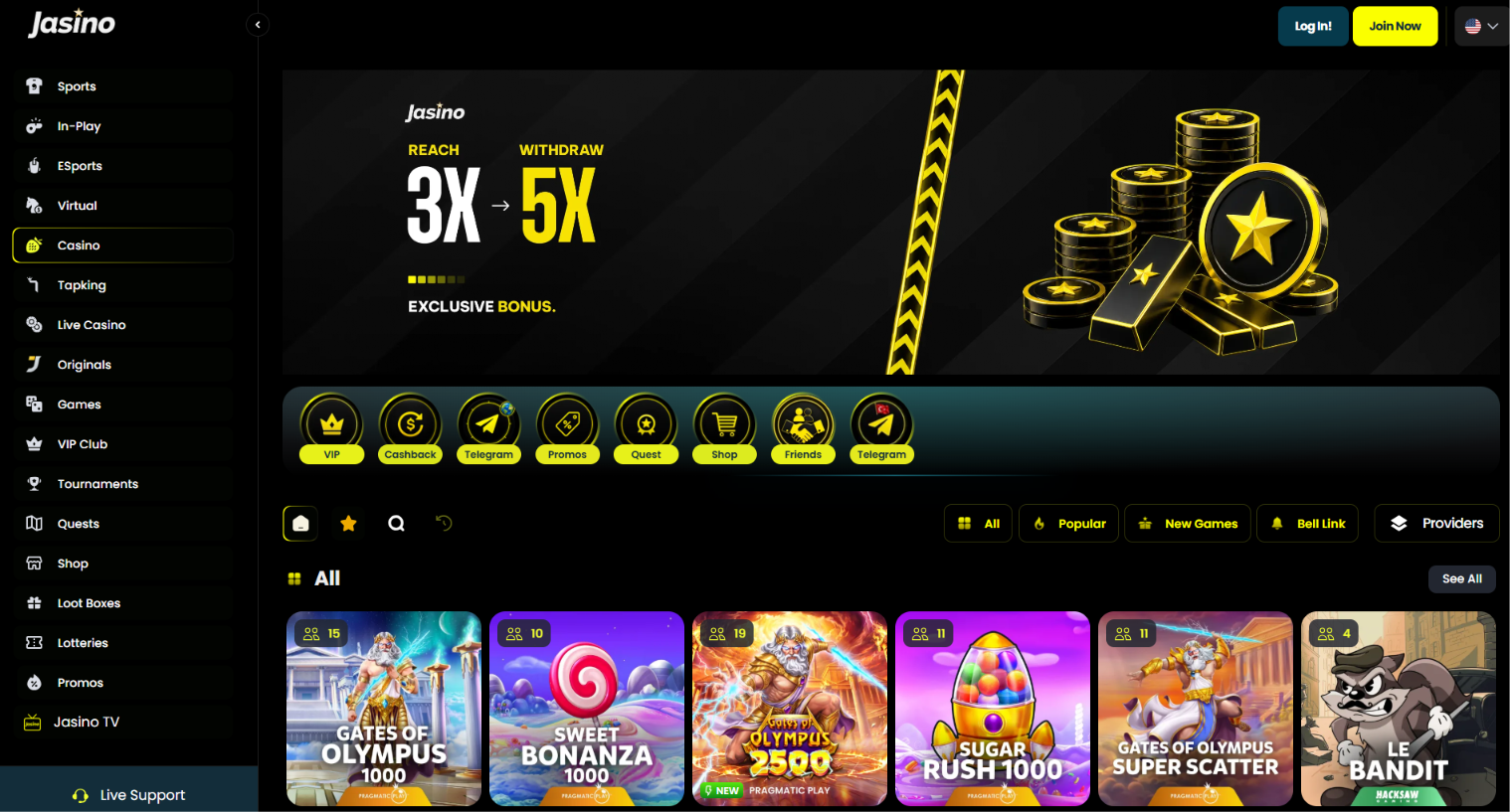 Jasino slot lobby with Gates of Olympus, Sweet Bonanza, Sugar Rush and Le Bandit