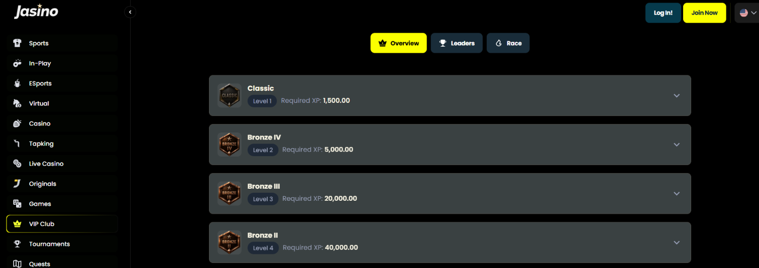 Jasino VIP Club showing Classic and Bronze levels with required XP