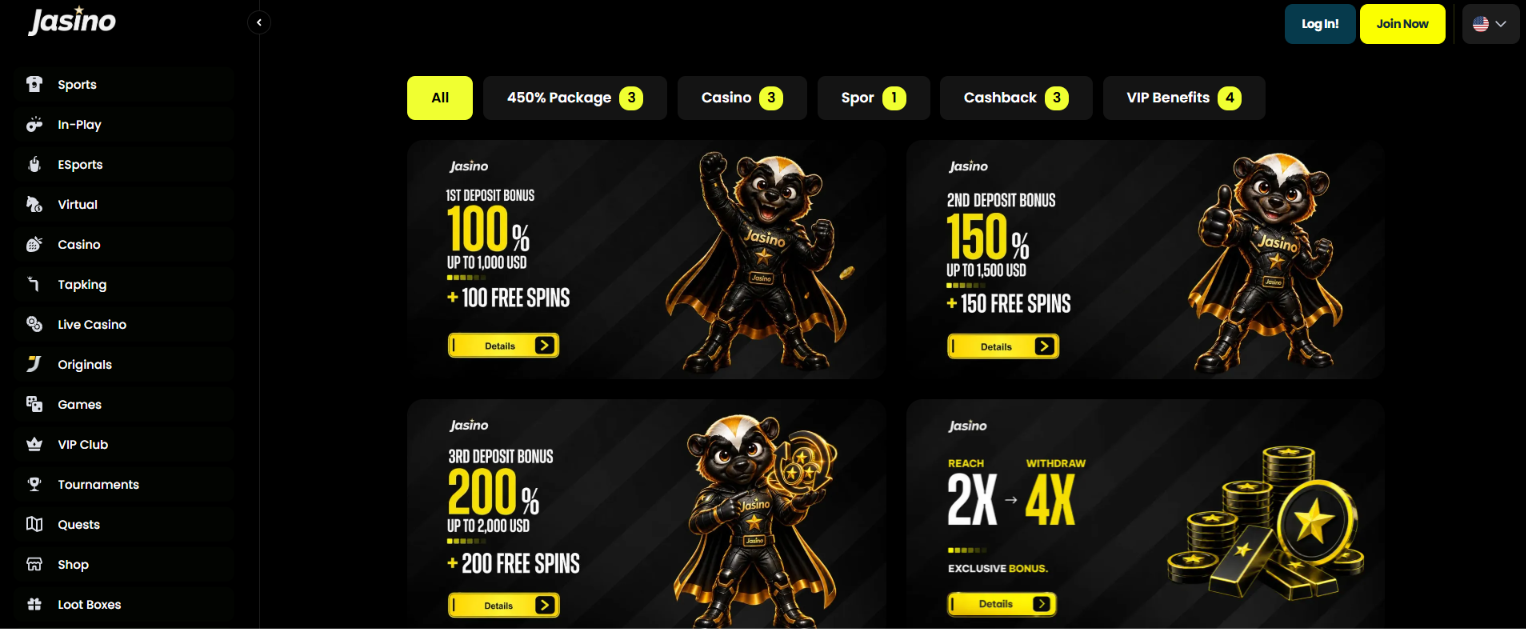 Jasino promotions page showing three deposit bonuses and a 2X-to-4X offer