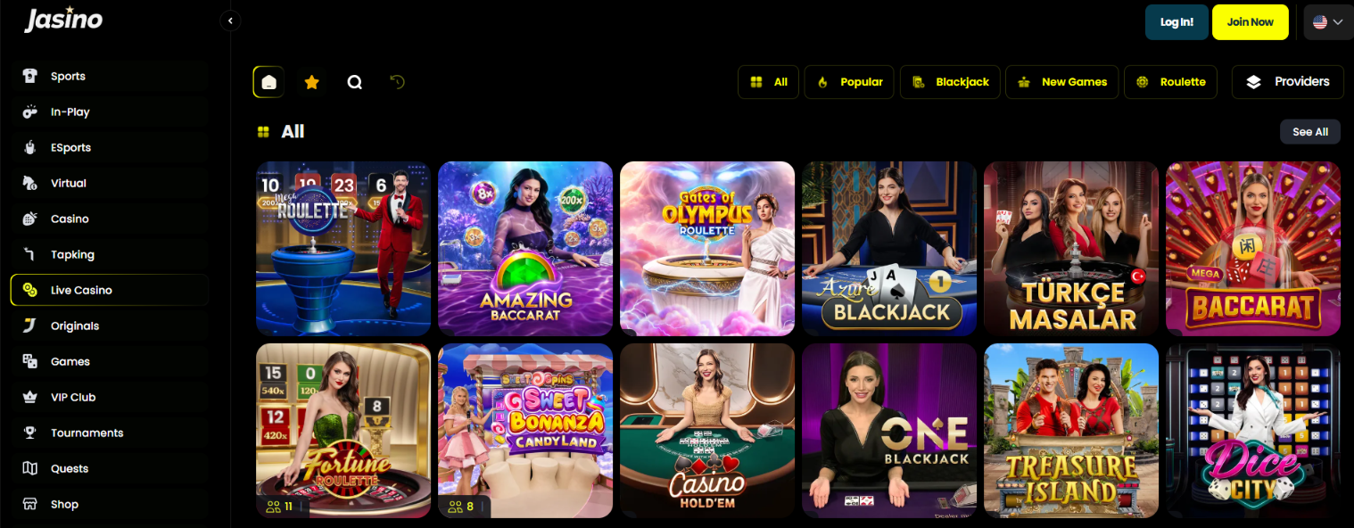 Jasino live casino lobby with roulette, blackjack, baccarat, Casino Hold’em and game shows
