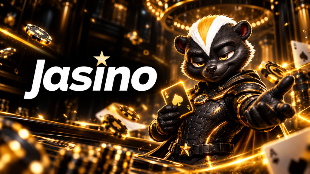 Jasino Casino review cover featuring the Jasino logo and an armored skunk mascot holding an ace of spades amid casino chips