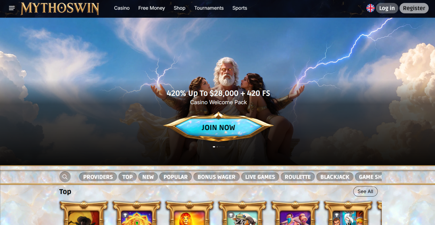 MythosWin Casino homepage advertising a 420% welcome pack up to $28,000 and 420 free spins.