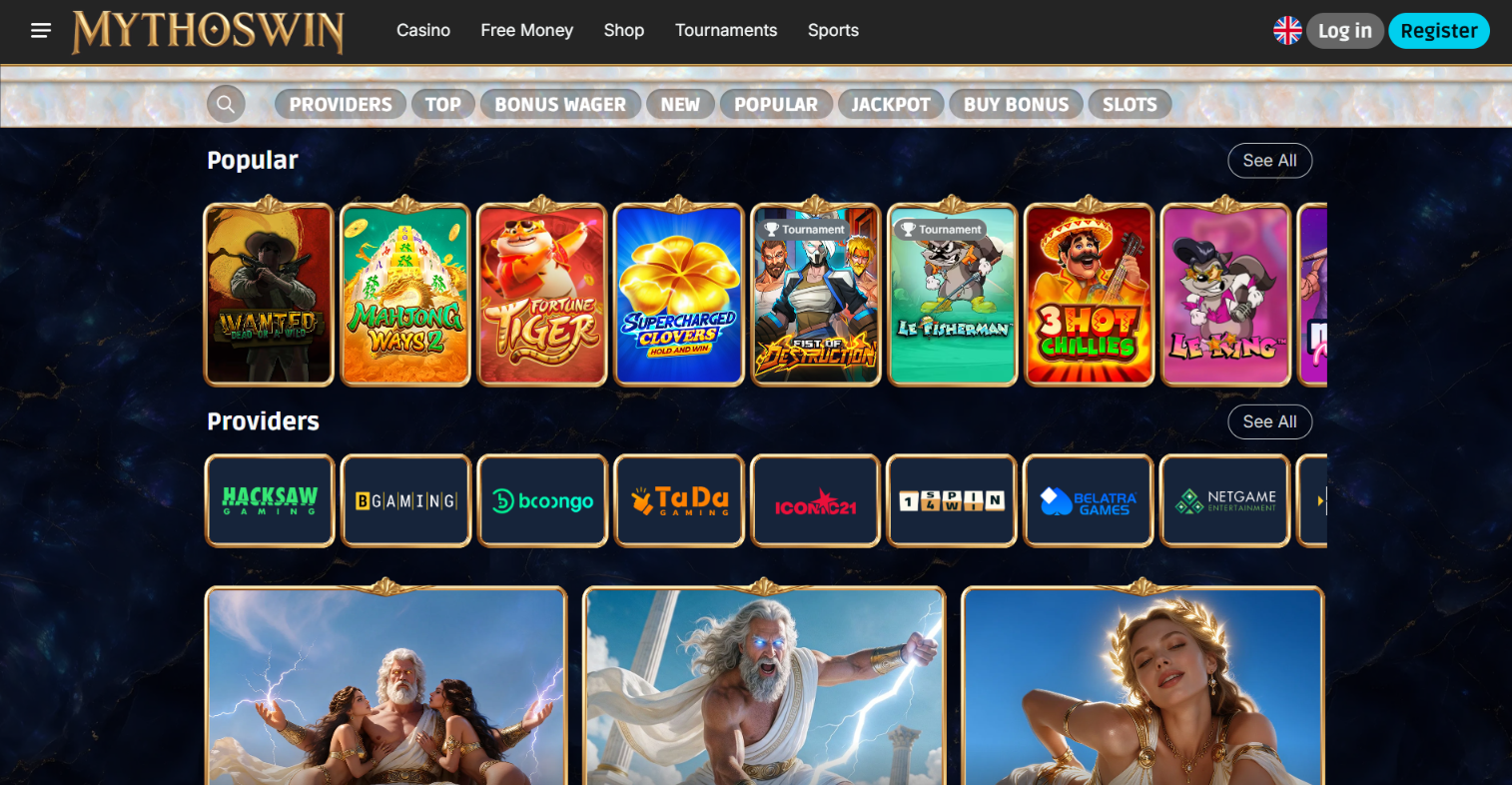MythosWin Casino slot lobby with popular games and providers including Hacksaw Gaming, BGaming and Booongo.