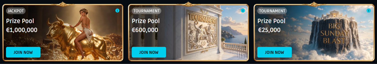 MythosWin Casino jackpot and tournament banners displaying prize pools of €1,000,000, €600,000 and €25,000.