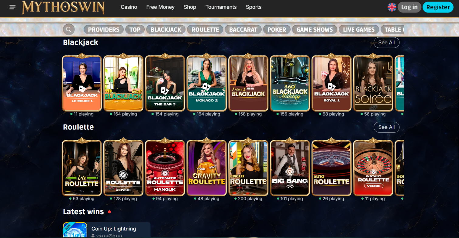 Live blackjack tables and roulette games in the dealer lobby.