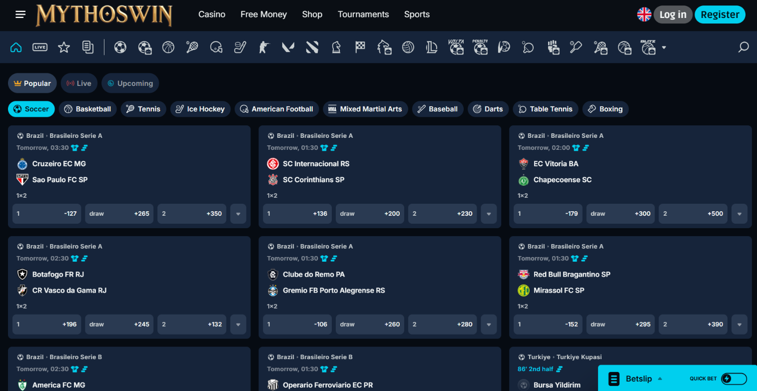 Sportsbook displaying Brazilian football fixtures, match odds and sports navigation.