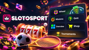 Slotosport Casino Review cover featuring slot reels, football and tennis equipment alongside Wheel, Missions, Shop and Tournaments icons.