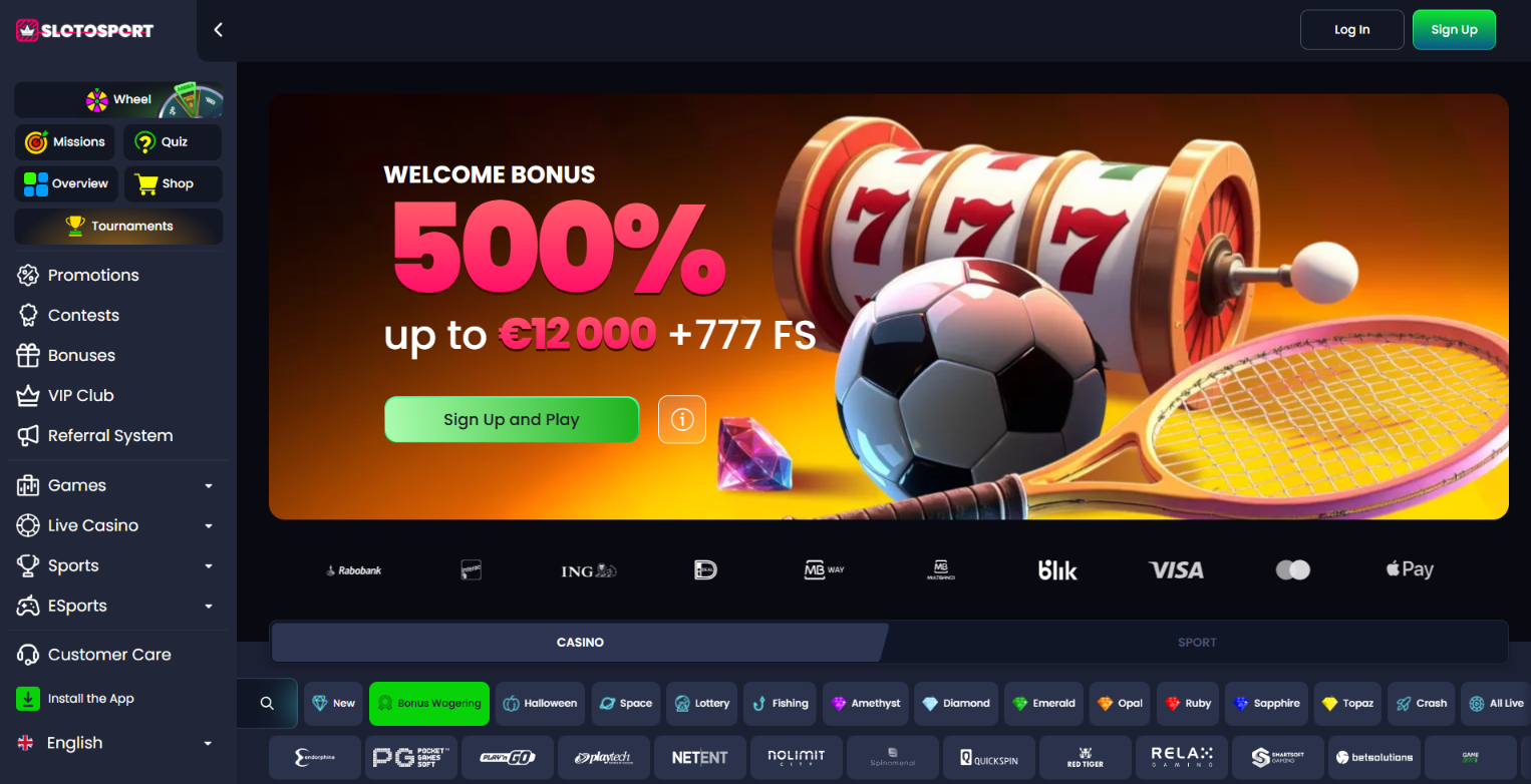 Slotosport Casino welcome banner advertising 500% up to €12,000 and 777 free spins