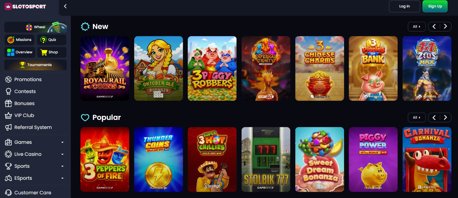 Slotosport slot selection featuring Royal Rail Coins, Oktober Ale Bonanza and 3 Piggy Robbers
