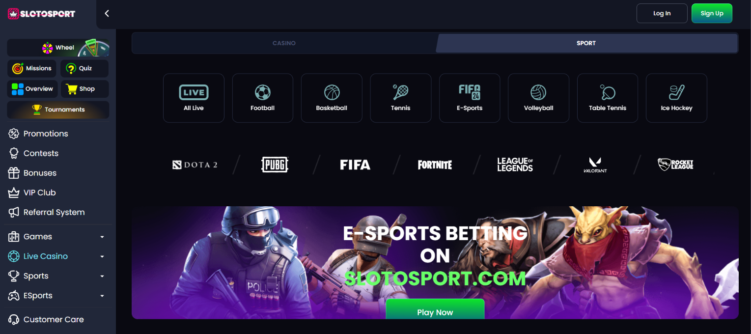 Slotosport sports section with football, basketball, tennis and esports categories