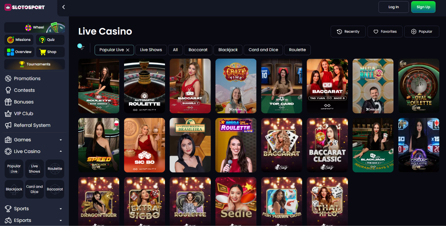 Slotosport live casino games including roulette, baccarat and blackjack