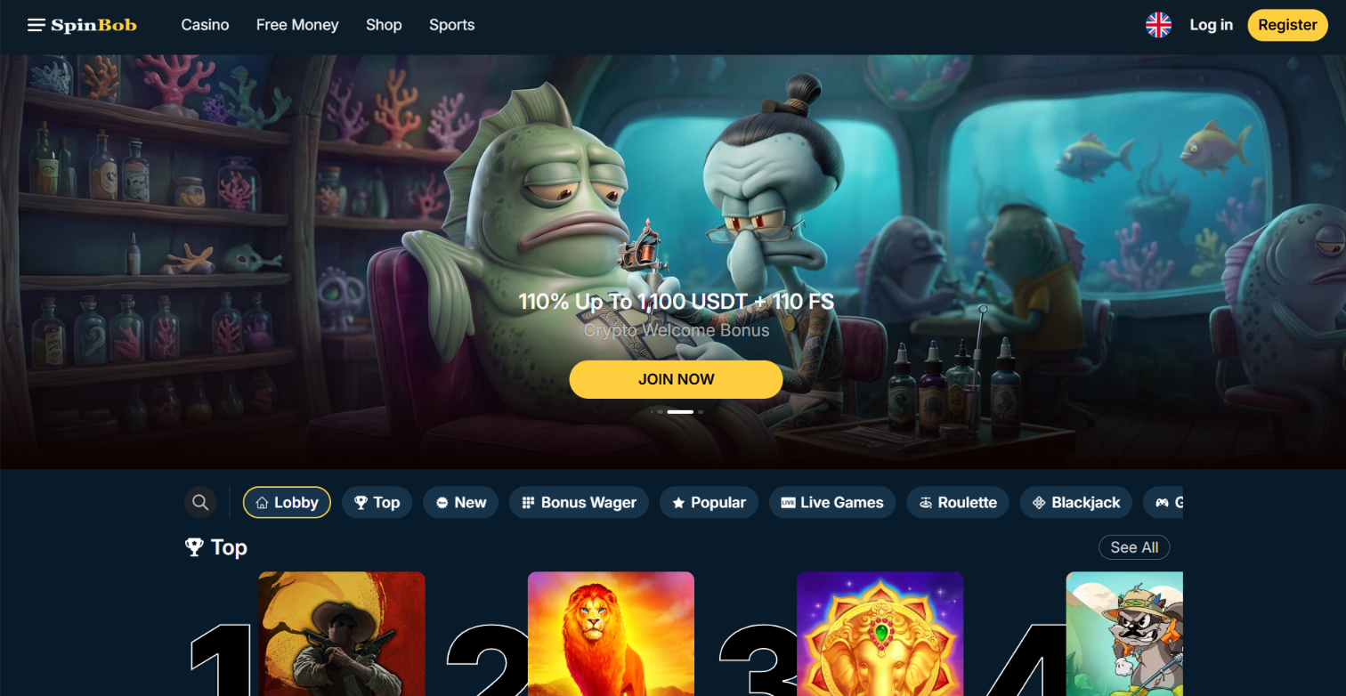 SpinBob Casino homepage with a 110% crypto welcome bonus up to 1,100 USDT plus 110 free spins.