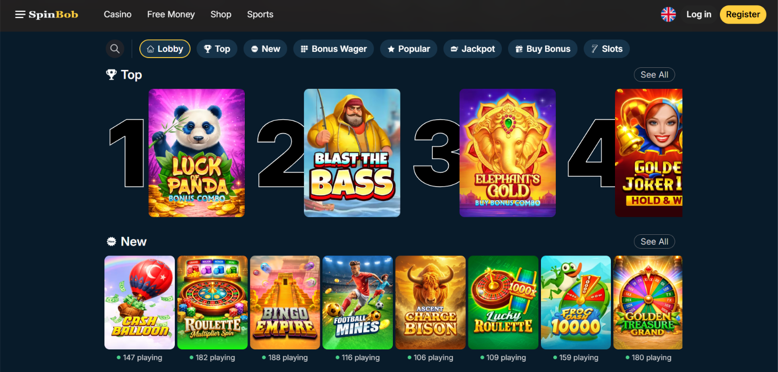 SpinBob casino lobby showing Top and New games, including Luck of Panda and Blast the Bass.