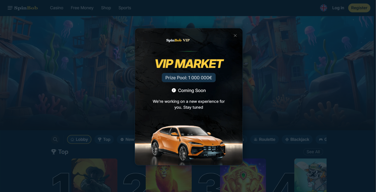 SpinBob VIP Market pop-up marked Coming Soon, advertising a €1,000,000 prize pool.