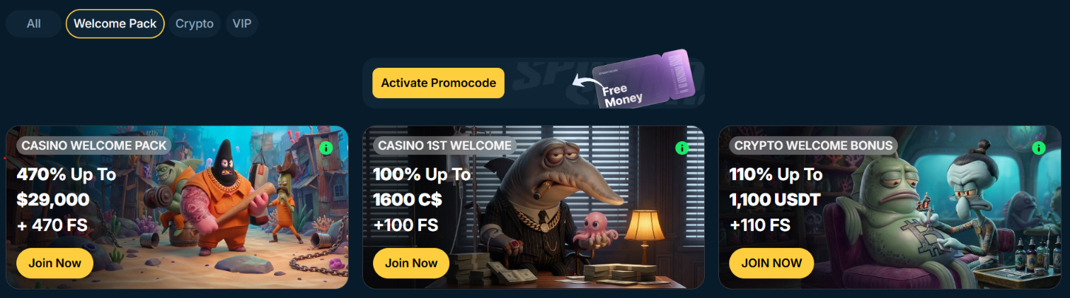 SpinBob welcome offers showing the casino welcome pack, first-deposit bonus and crypto welcome bonus.
