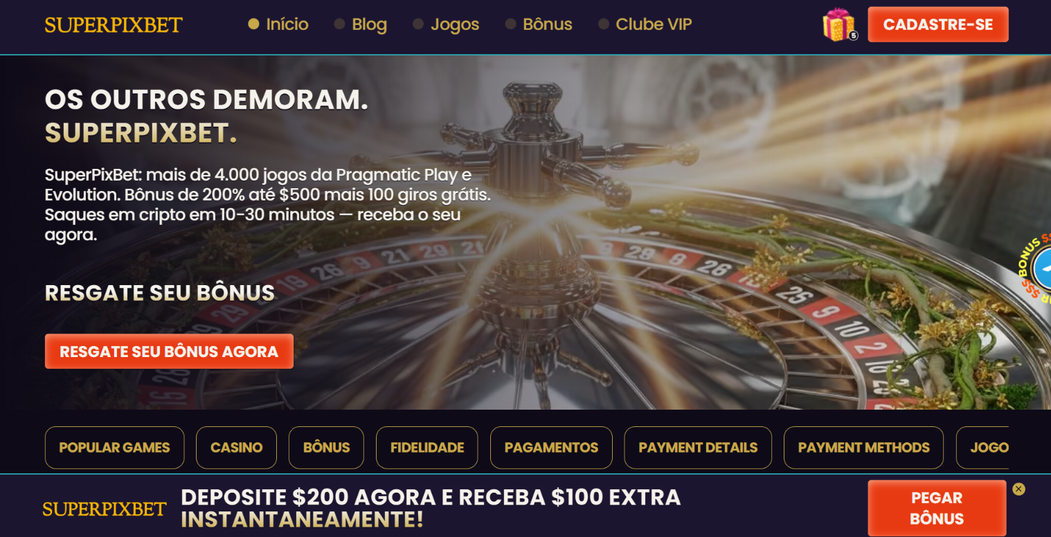 SuperPixBet Casino homepage advertising a 200% bonus up to $500 plus 100 free spins against a roulette wheel background.