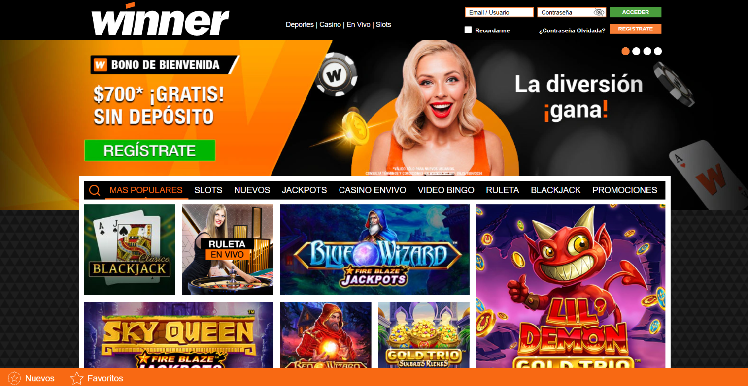Casino game selection featuring Blue Wizard, Sky Queen and a MXN 700 no-deposit bonus promotion.