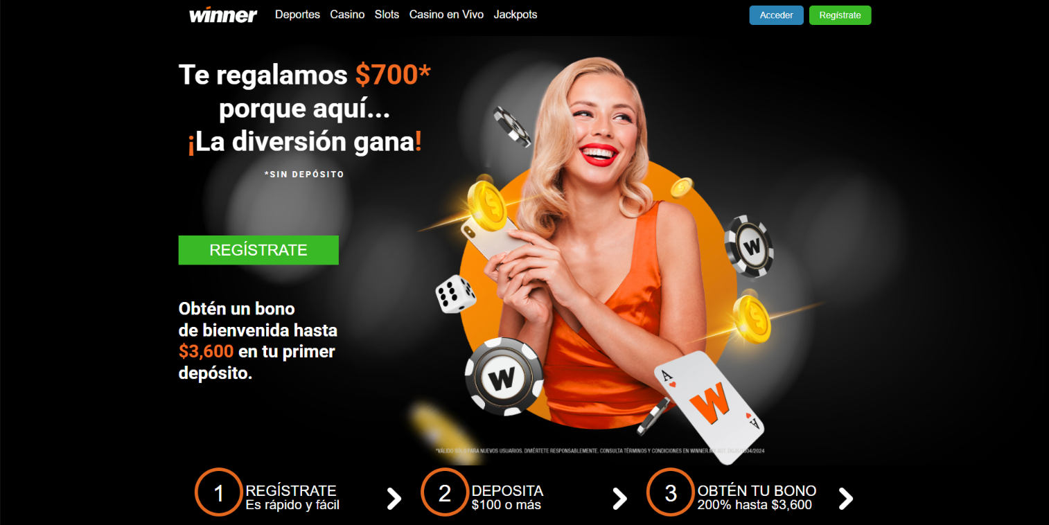 Winner MX welcome offers advertising MXN 700 without deposit and a 200% first-deposit bonus up to MXN 3,600.