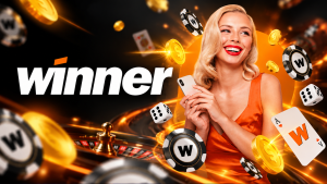 Winner MX Casino Review cover with the Winner logo, a woman holding a smartphone, roulette, casino chips, cards and dice.