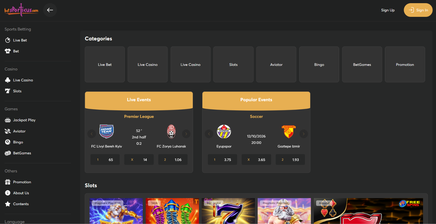 Betsporticus Casino homepage featuring slot games and sports betting