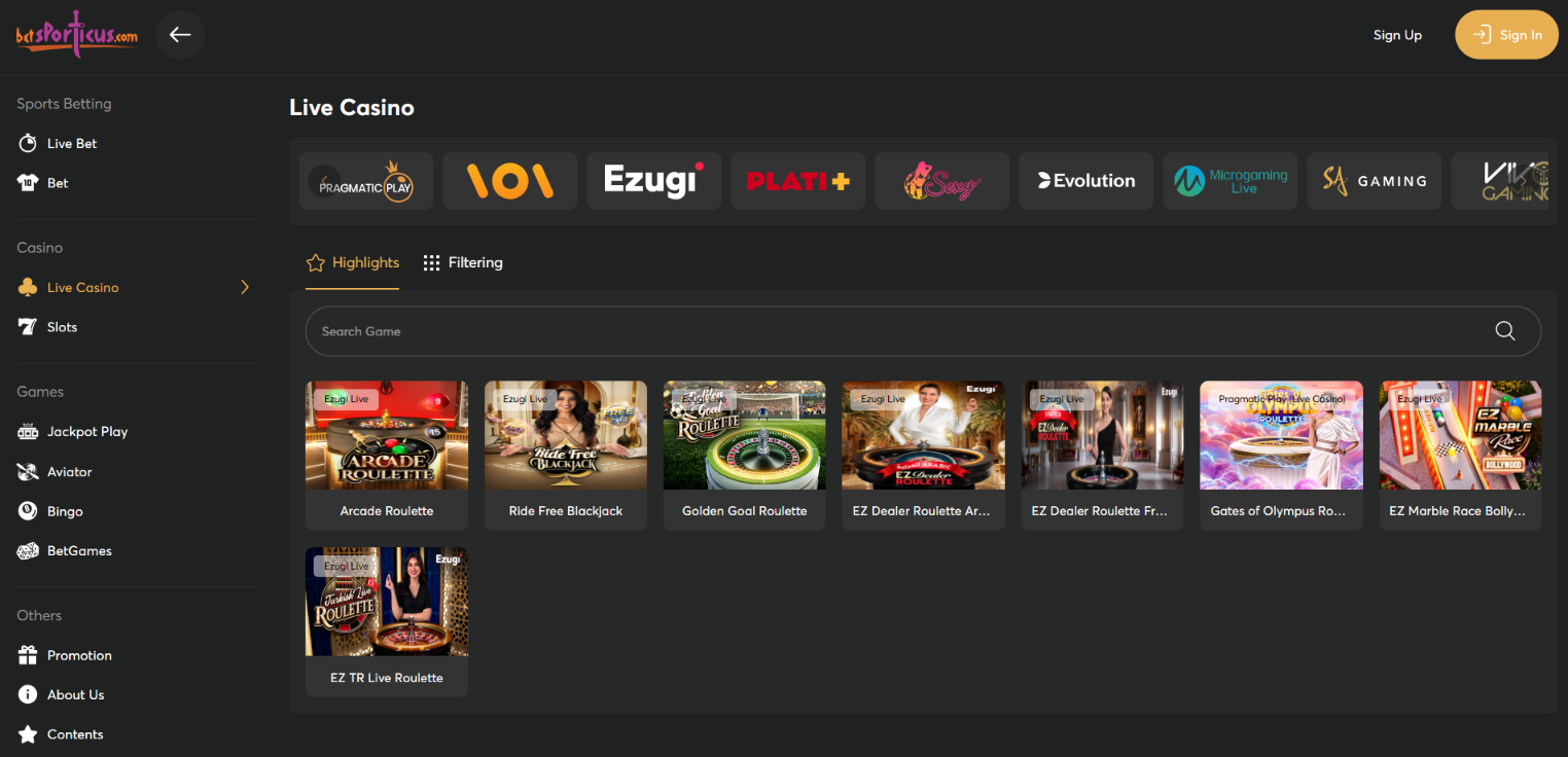 Live dealer roulette and blackjack games from Ezugi and other providers